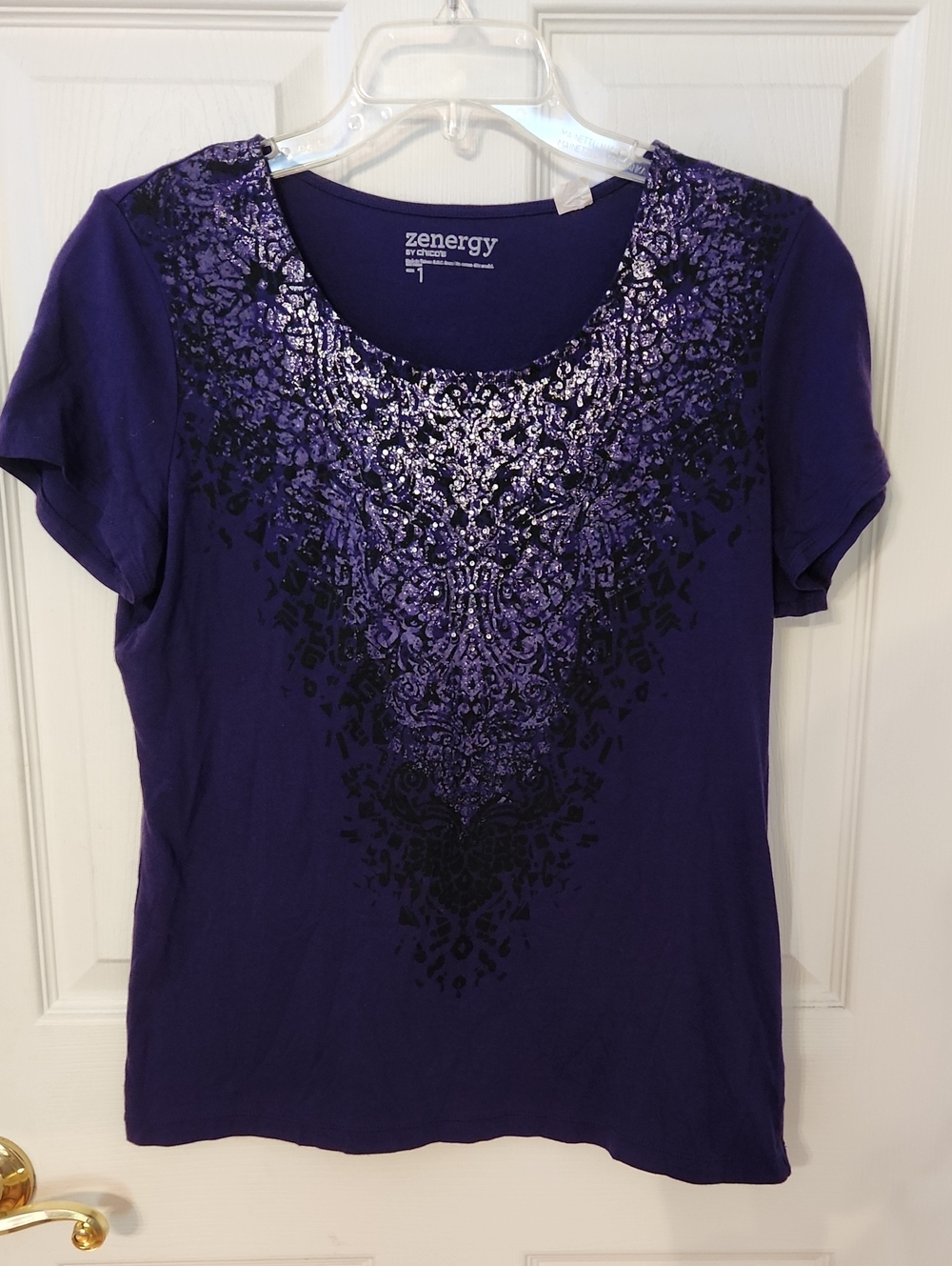 Zenergy by Chico's Purple Short Sleeve Foil-Print Scoop Neck Top Size Medium